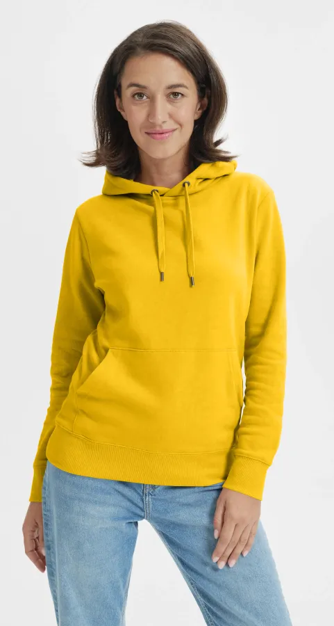 Damen Sweatshirt mit Kapuze ohne Reißverschluss, gelb Damen Sweatshirt mit Kapuze ohne Reißverschluss, gelb