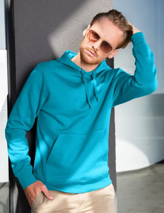 Herren Sweatshirt mit Kapuze ohne Reißverschluss, türkis