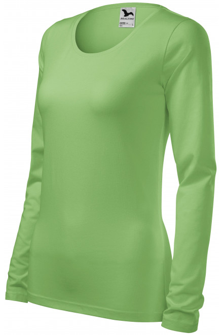 Eng anliegendes Damen-T-Shirt mit langen Ärmeln, erbsengrün, Baumwoll-T-Shirts