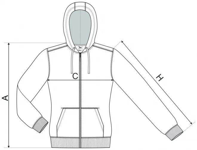 Damen Hoodie mit Kapuze - Maßtabelle