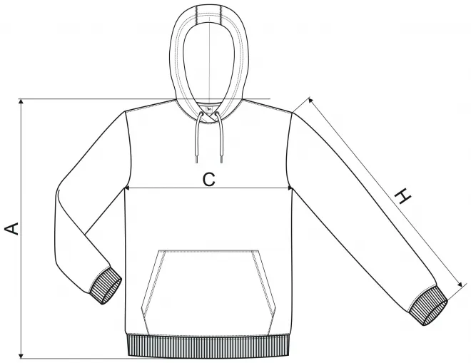 Herren Sweatshirt mit Kapuze ohne Reißverschluss - Maßtabelle