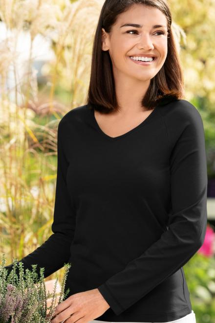 Eng anliegendes T-Shirt für Damen, V-Ausschnitt, schwarz, XS
